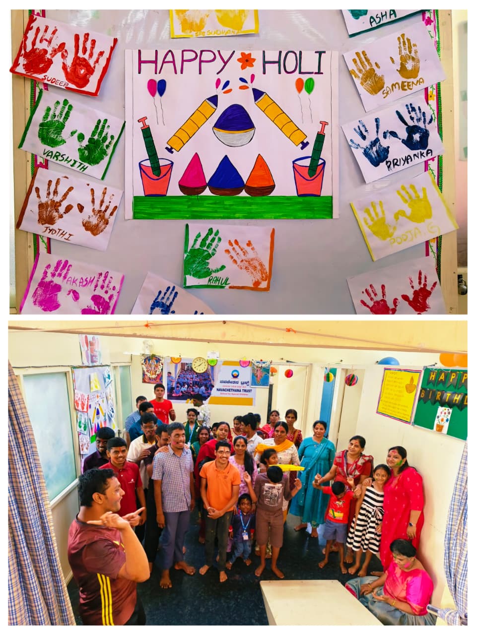 Holi artwork and group celebration inside the centre